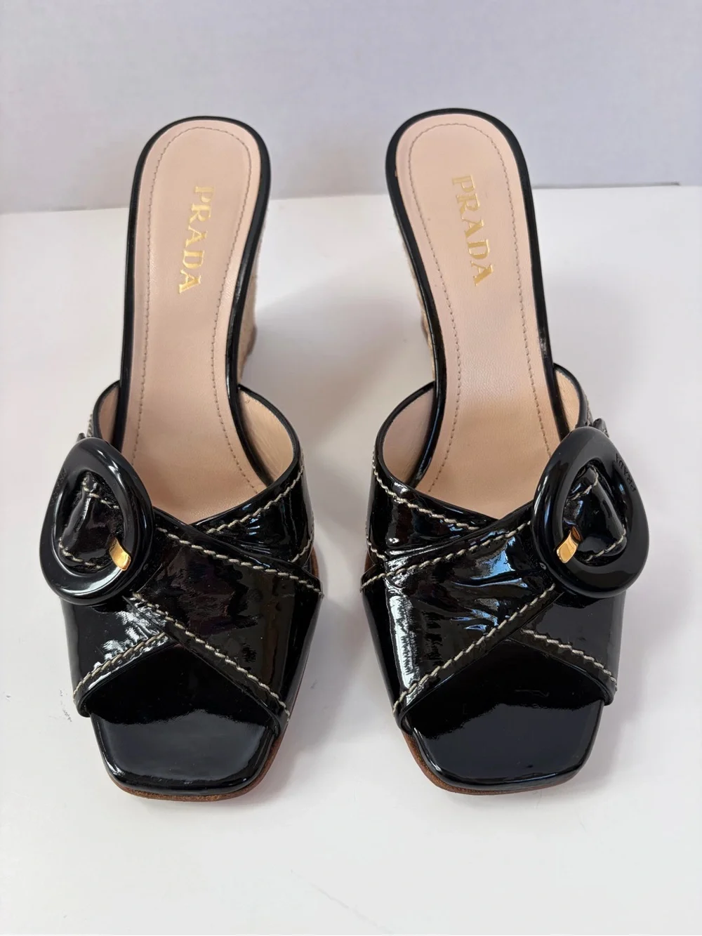 Prada Espadrille Wedge Sandals Vernice Buckle Patent Leather Black Size 38.5